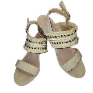 Allegra K Cream Tan Heeled Strappy Sandals, Beaded, Fringe, 9